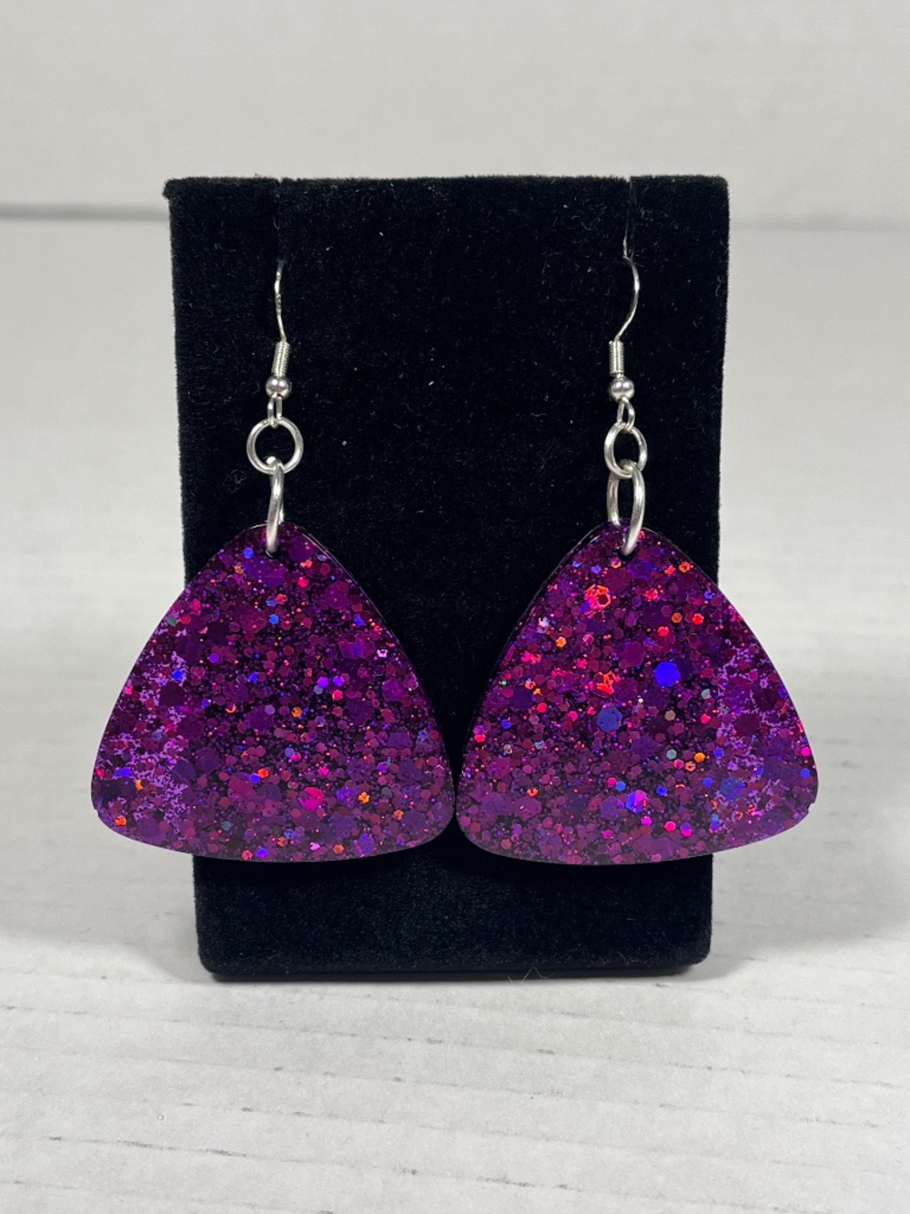Purple Glitter Resin Dangle Earrings Rounded Triangle